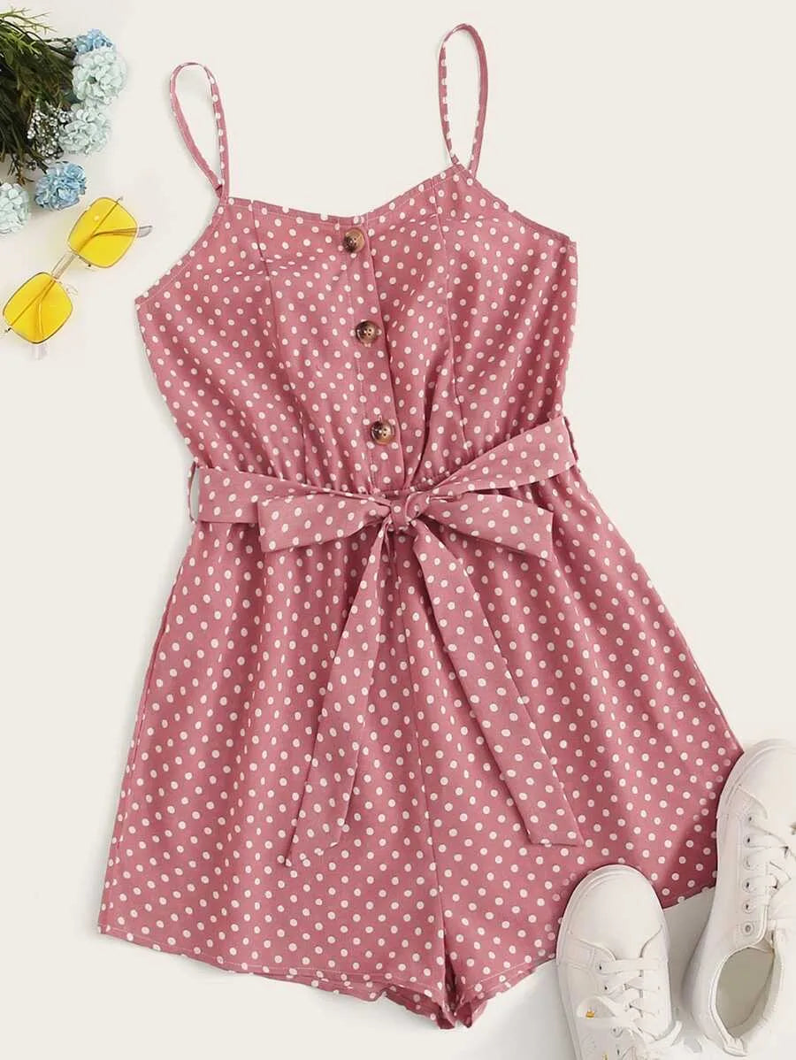 Button Front Polka Dot Belted Romper Periwinkley Shop