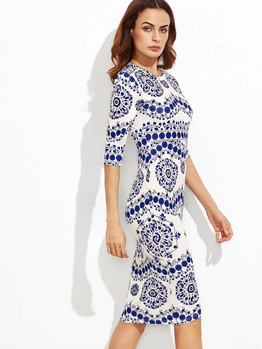 Porcelain Print Pencil Dress Periwinkley Shop