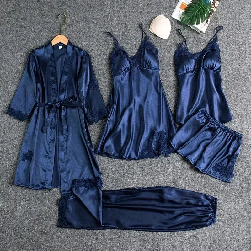 Victoria Summer Silk Pajamas 5 Piece loungewear  - Navy Blue Periwinkley Shop