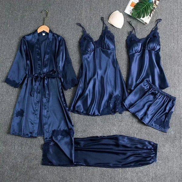 Victoria Summer Silk Pajamas 5 Piece loungewear  - Navy Blue Periwinkley Shop