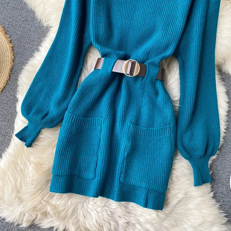 Guilantu Knitting Spring Autumn Turtleneck Puff Sleeve dress - Blue Periwinkley Shop
