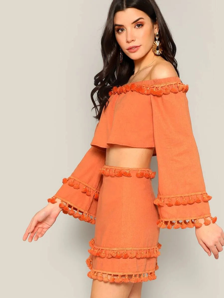 Off Shoulder Tassel Detail Top and Skirt Set Periwinkley Shop