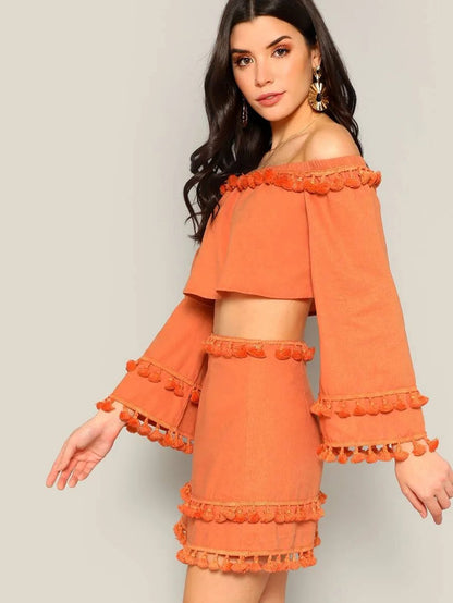 Off Shoulder Tassel Detail Top and Skirt Set Periwinkley Shop