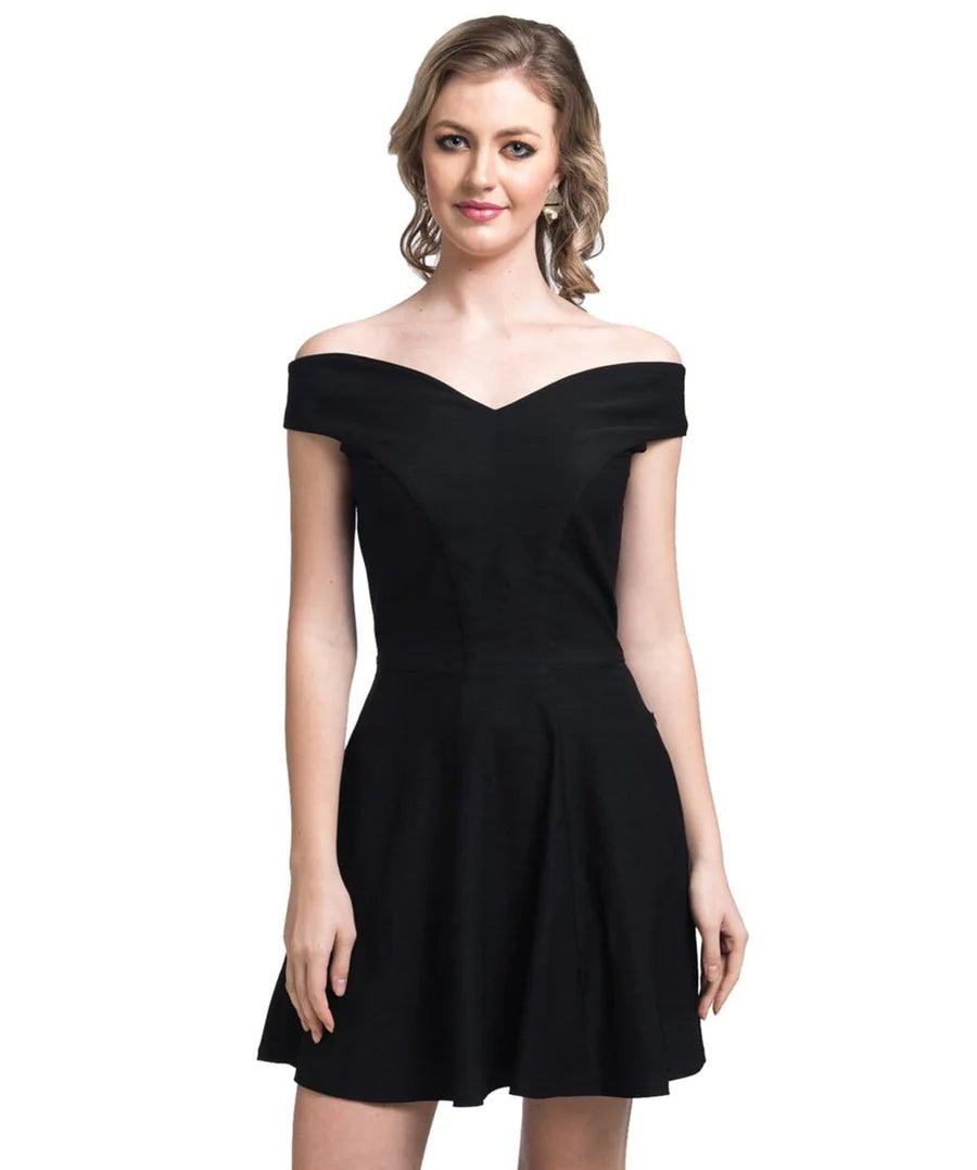 Solid Black Off Shoulder Stretchable Cotton Dress Periwinkley Shop