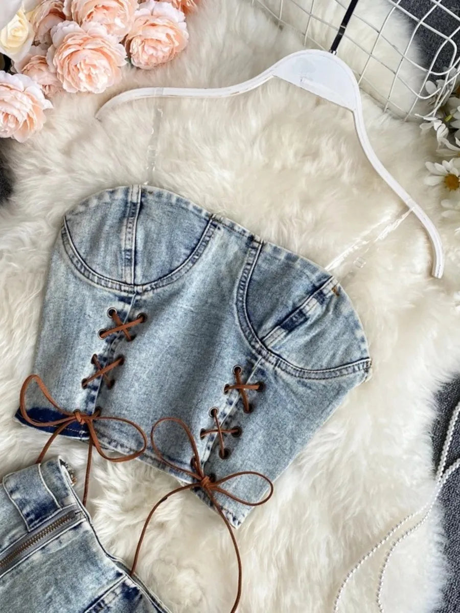 Two Piece Set Denim Short Top  and Shorts  set Periwinkley Shop
