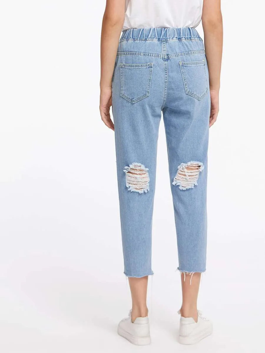 Destroyed Raw Hem Drawstring Waist Crop Boyfriend Jeans Periwinkley Shop