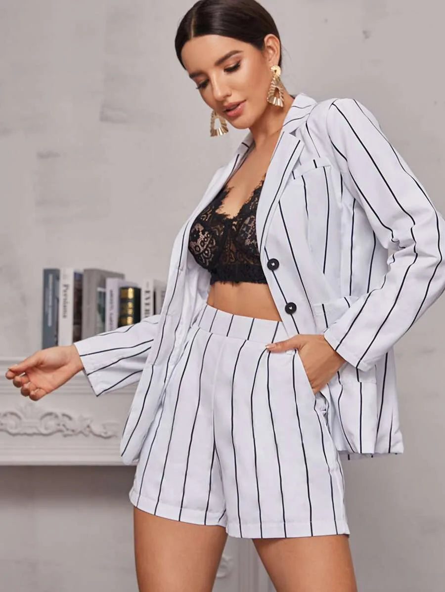 Vertical Striped Button Through Lapel Blazer & Shorts Periwinkley Shop
