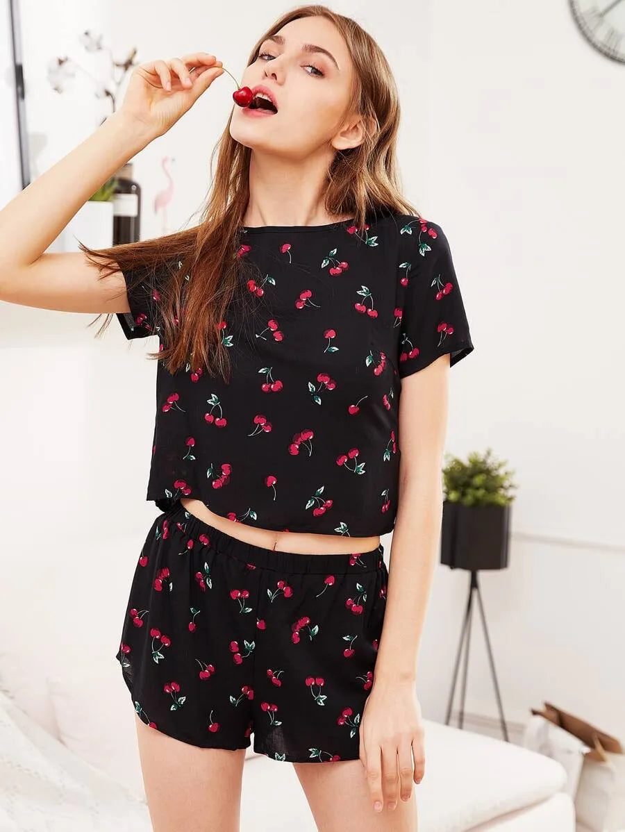 Cherry Print Top And Shorts Pyjama Set Periwinkley Shop