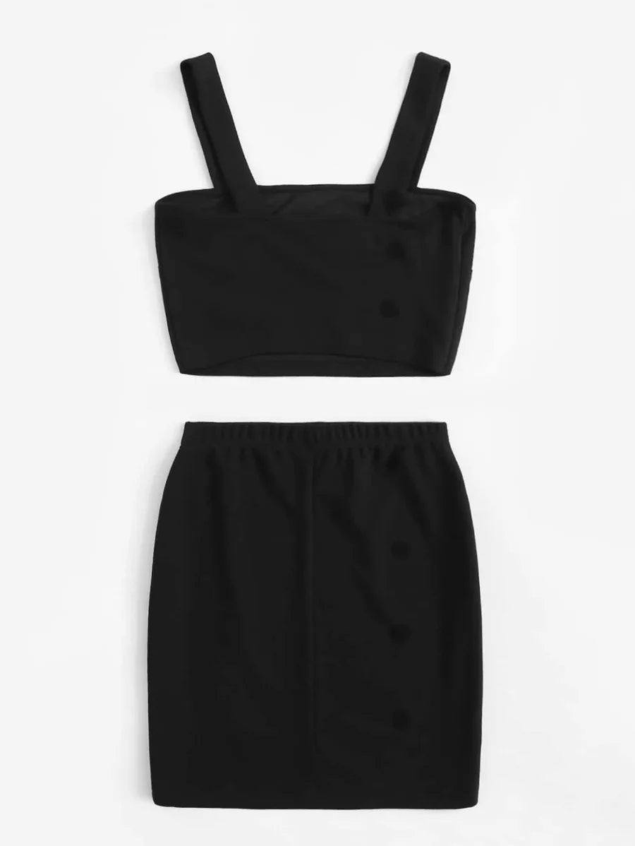 Buttoned Detail Thick Strap Top & Skirt Set Periwinkley Shop