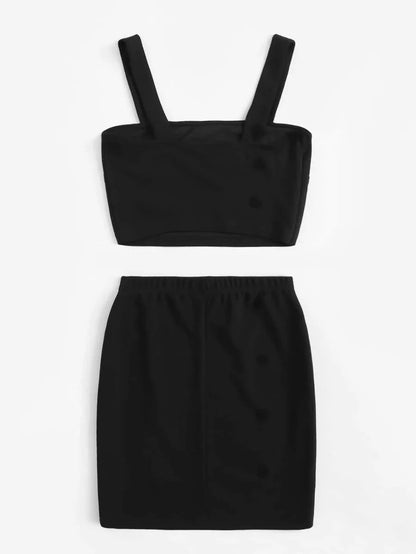 Buttoned Detail Thick Strap Top & Skirt Set Periwinkley Shop