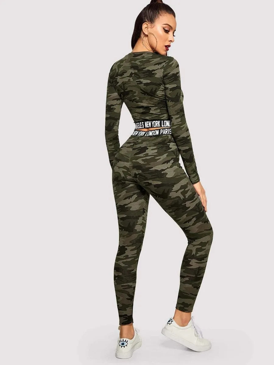 Contrast Letter Tape Camo Print Crop Tee &amp; Leggings Set Periwinkley Shop