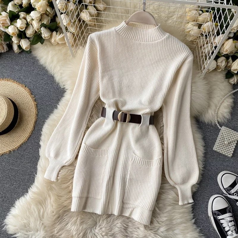 Guilantu Knitting Spring Autumn Turtleneck Puff Sleeve dress - White Periwinkley Shop