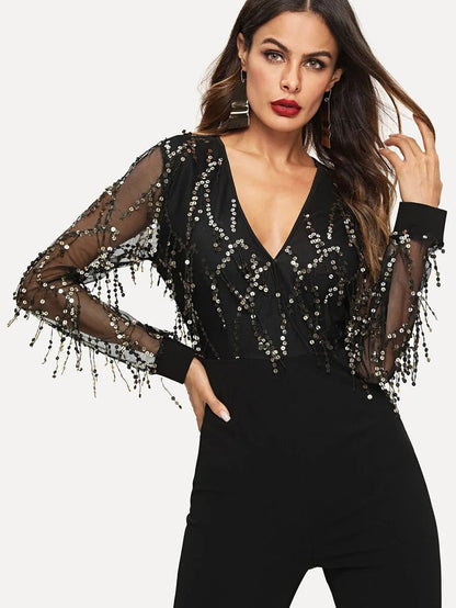 Sequin Embellished Mesh Sleeve Fitted Jumpsuit Periwinkley Shop