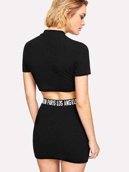 Letter Print Ribbed Crop Tee And Skirt Set Periwinkley Shop