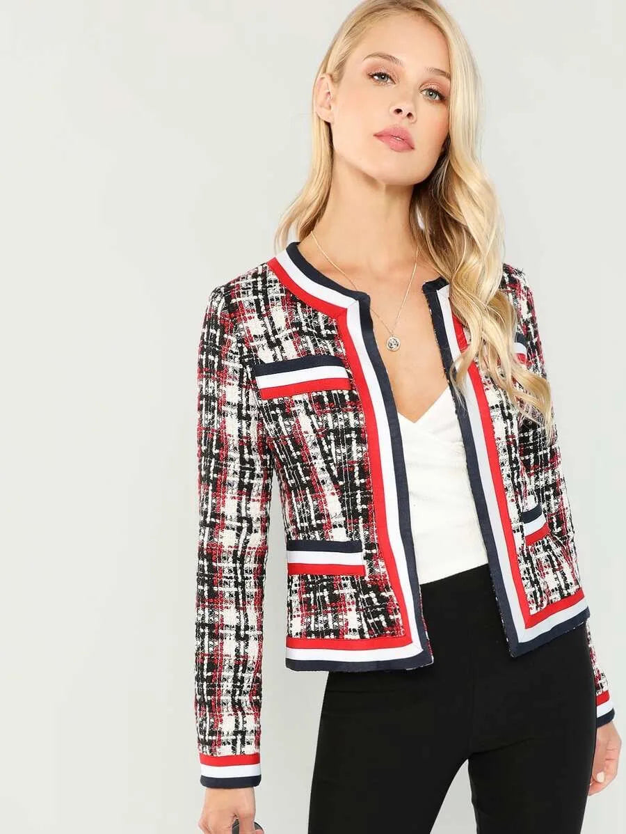 Contrast Tape Open Placket Tweed Coat Periwinkley Shop