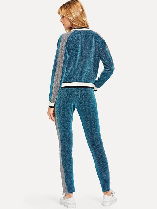 Contrast Trim Sparkle Jacket With Pants Periwinkley Shop