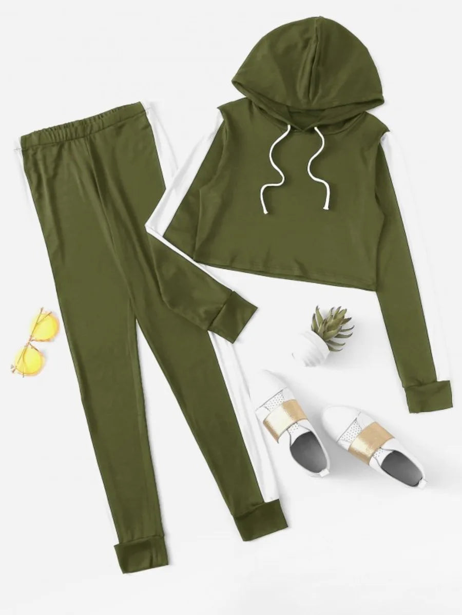 Contrast Panel Drawstring Hooded Top With Pants Periwinkley Shop