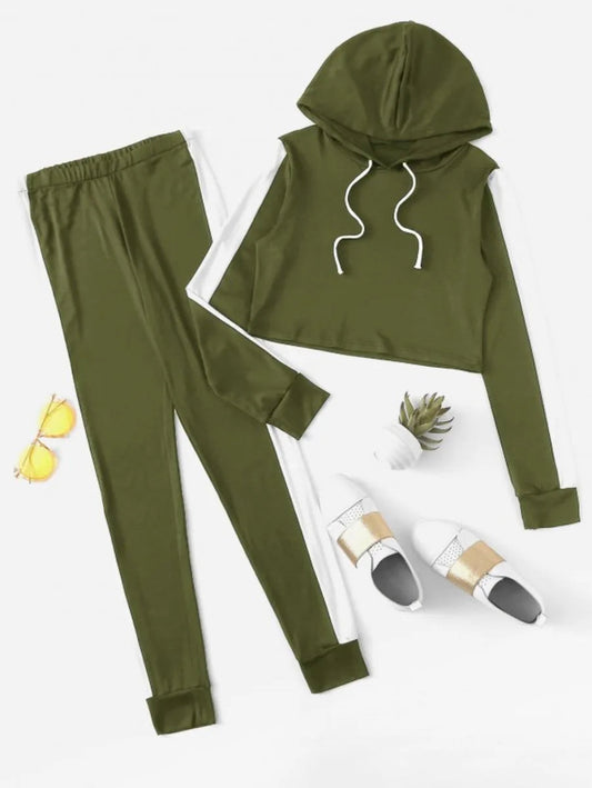 Contrast Panel Drawstring Hooded Top With Pants Periwinkley Shop