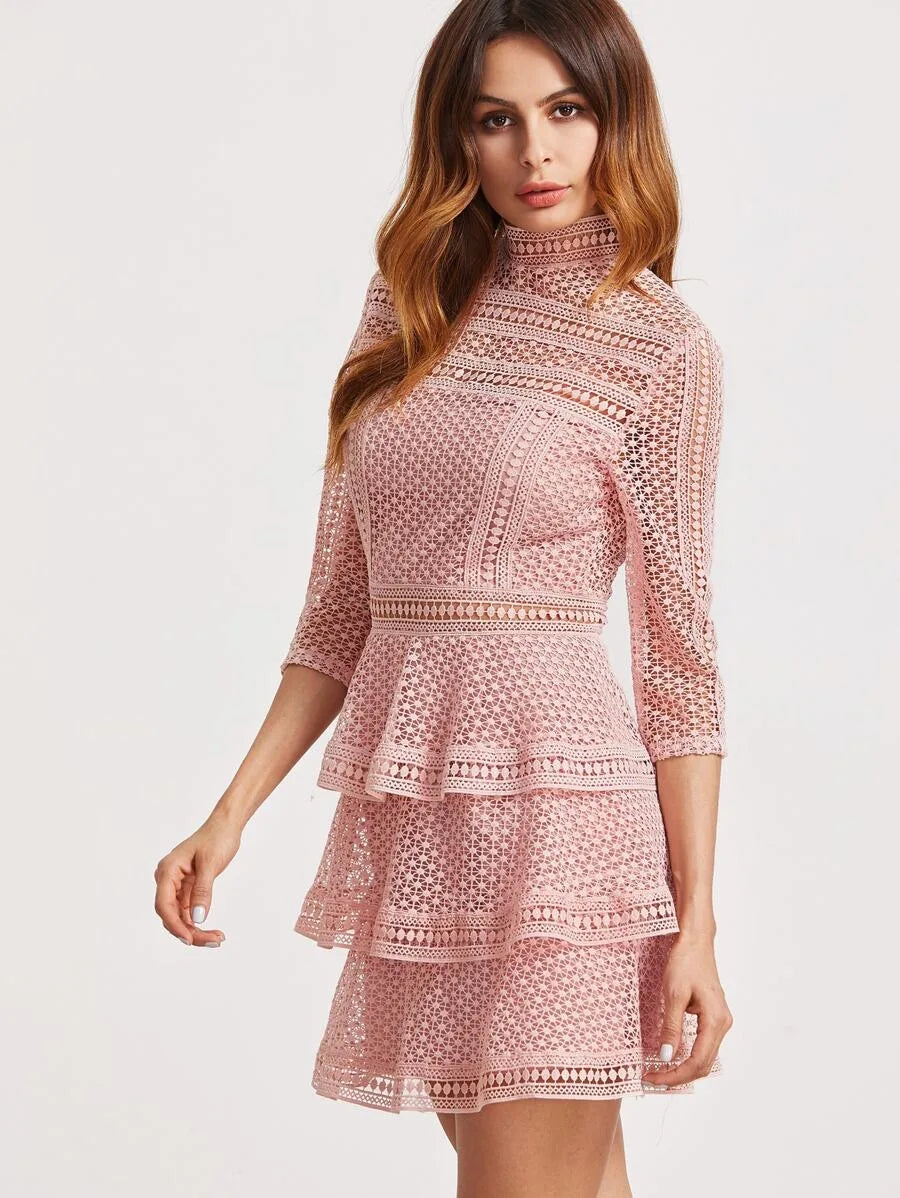 Pink high neck 3/4 sleeve layered dotted crochet dress Periwinkley Shop