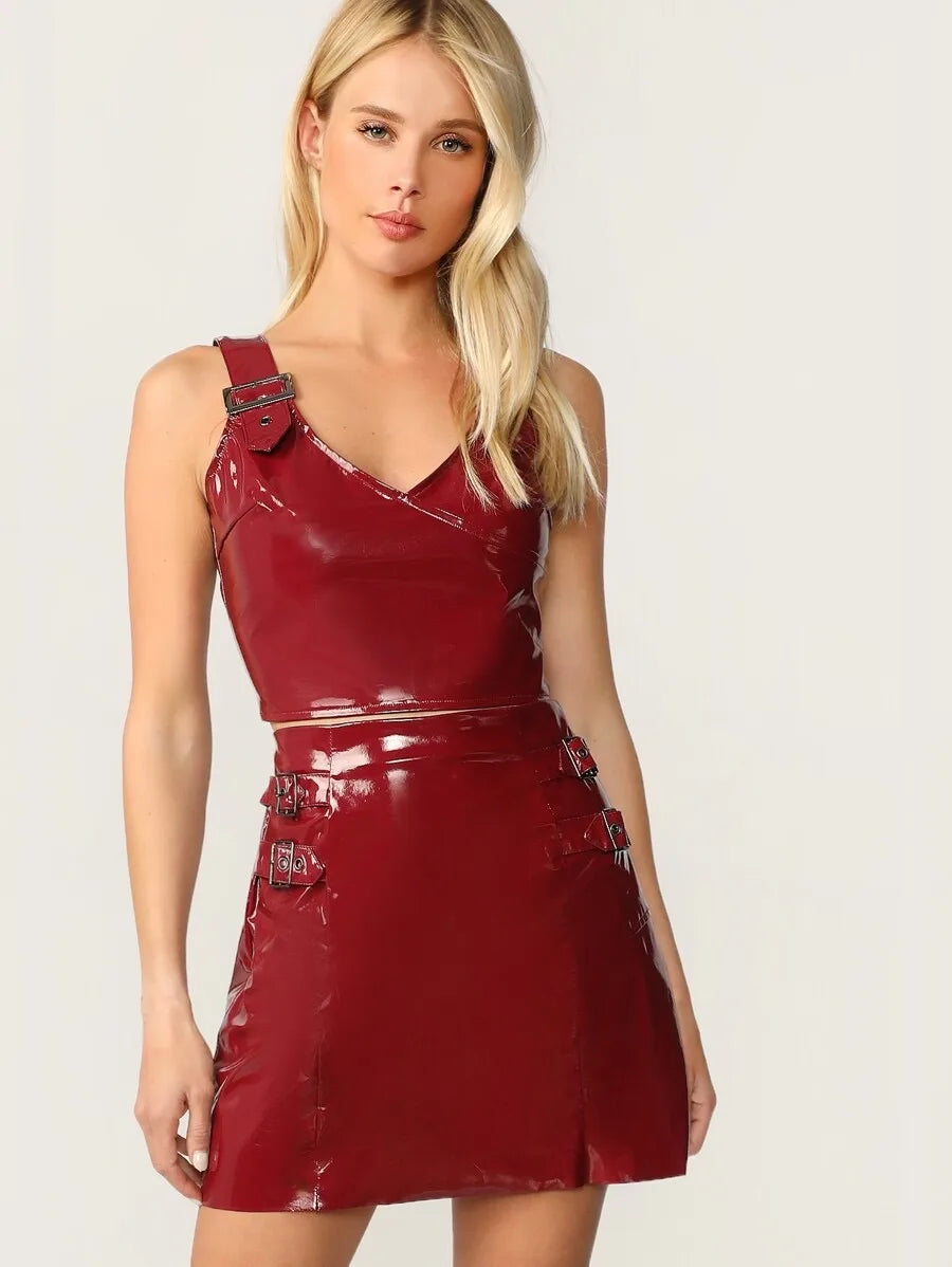 Adjustable Strap Crop PU Top & Skinny Skirt Set Periwinkley Shop
