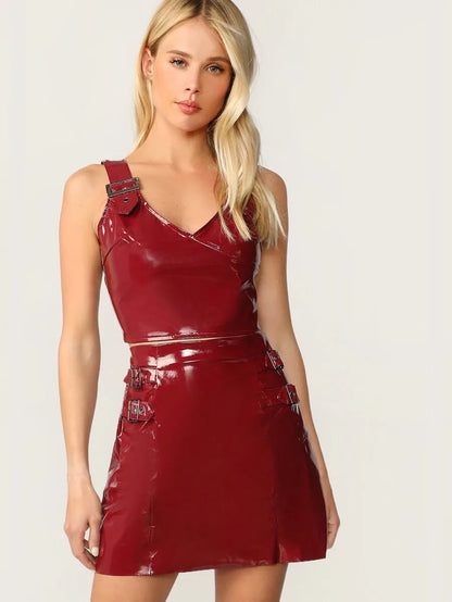 Adjustable Strap Crop PU Top & Skinny Skirt Set Periwinkley Shop