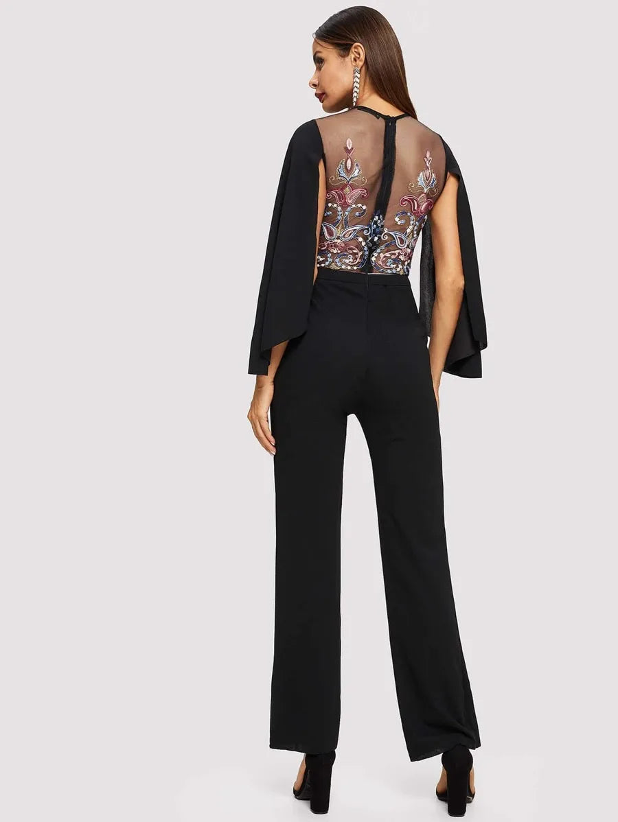 Cape Sleeve Mesh Insert Embroidered Jumpsuit Periwinkley Shop