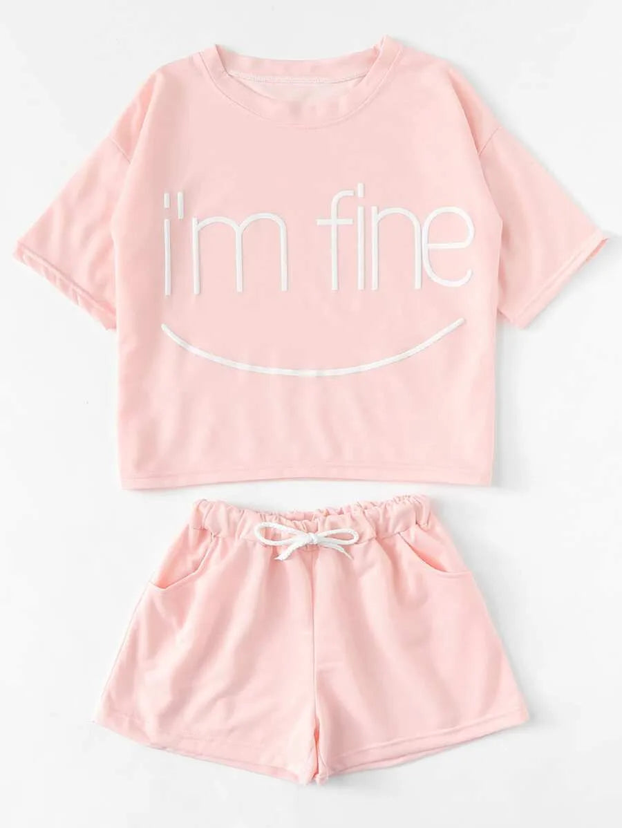 Drop Shoulder Slogan Print Top With Shorts Periwinkley Shop