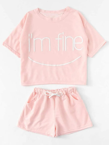 Drop Shoulder Slogan Print Top With Shorts Periwinkley Shop