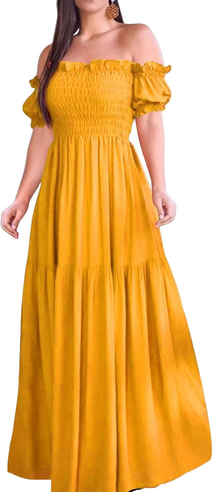 Yellow Off-Shoulder Smocked Maxi Dress with Puff Sleeves