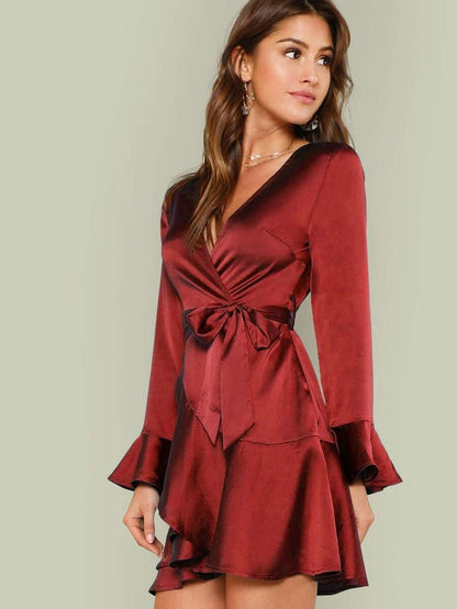 Satin Split Back Tiered Ruffle Belted Dress Periwinkley Shop