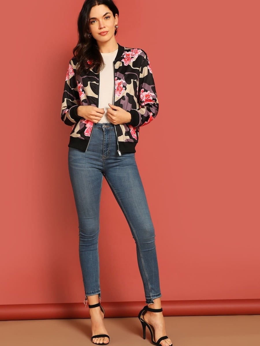 Zip Up Floral and Camo Bomber Jacket Periwinkley Shop