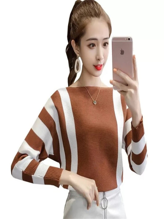 Wide Striped Bat Sleeve  Long Sleeve Top Periwinkley Shop