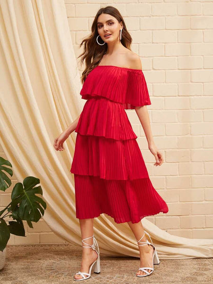 Foldover Front Off Shoulder Layered Pleated Dress Periwinkley Shop