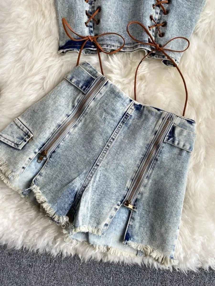 Two Piece Set Denim Short Top  and Shorts  set Periwinkley Shop