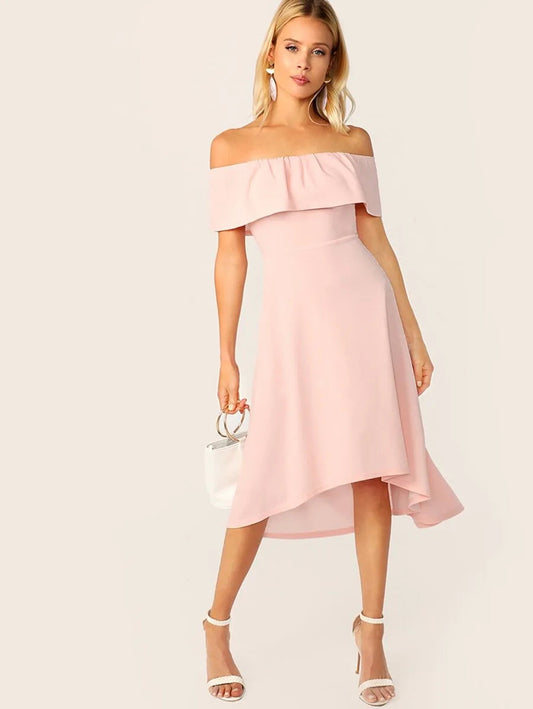 Solid Ruffle Trim Asymmetrical Hem Bardot Dress Periwinkley Shop