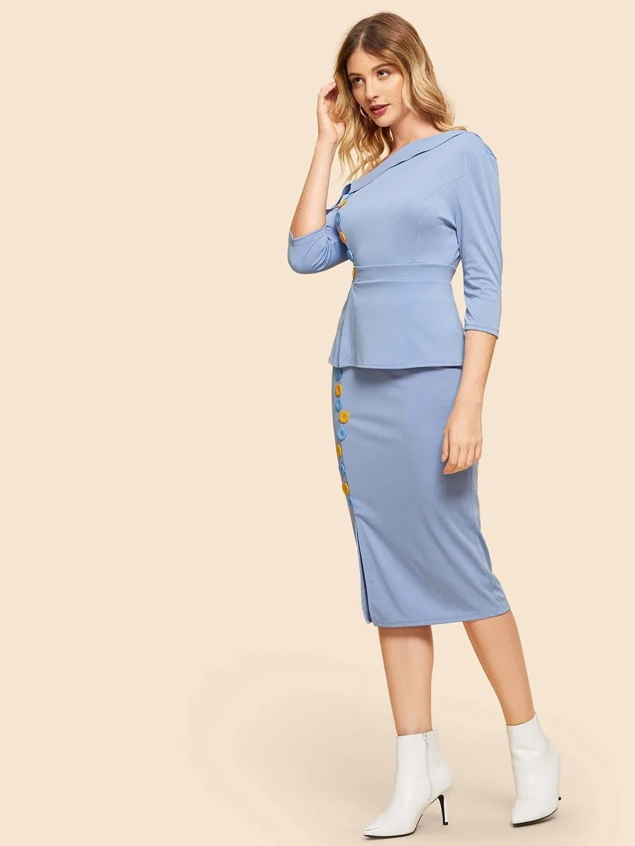 Button Decorated Top With Split Skirt Periwinkley Shop