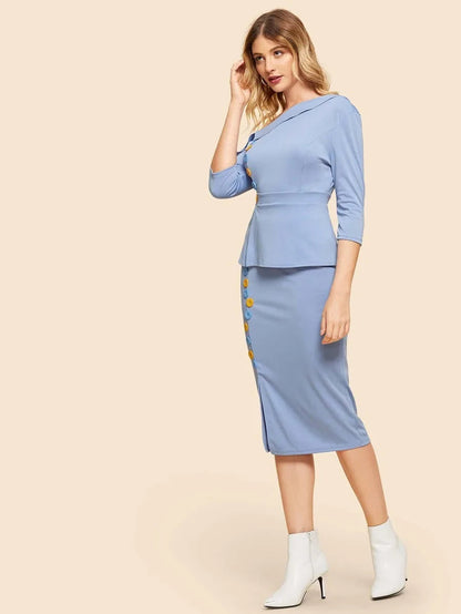 Button Decorated Top With Split Skirt Periwinkley Shop