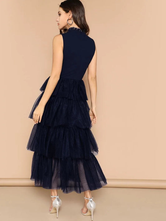 Frilled Neckline Layered Mesh Ruffle Hem One Piece Dress Periwinkley Shop