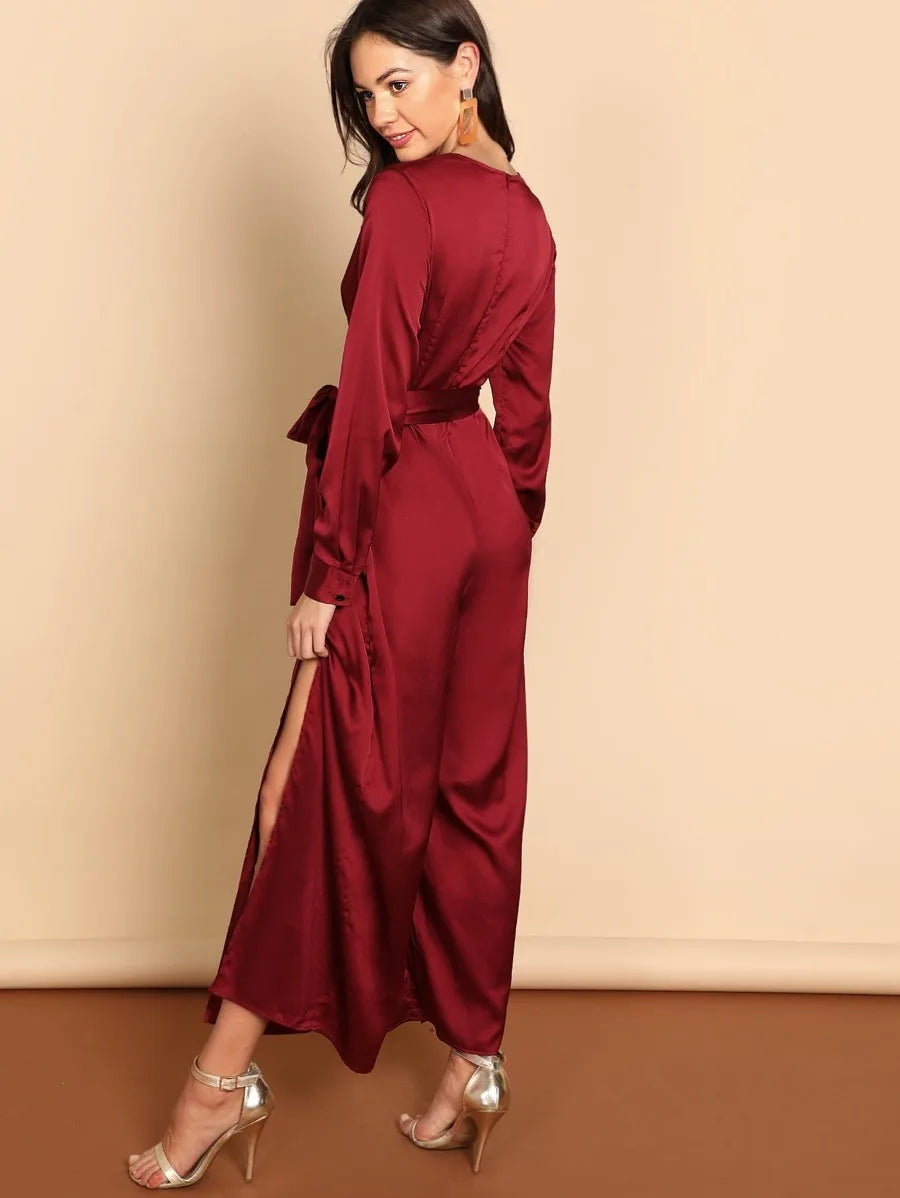 Waist Knot Split V-Neck Jumpsuit Periwinkley Shop