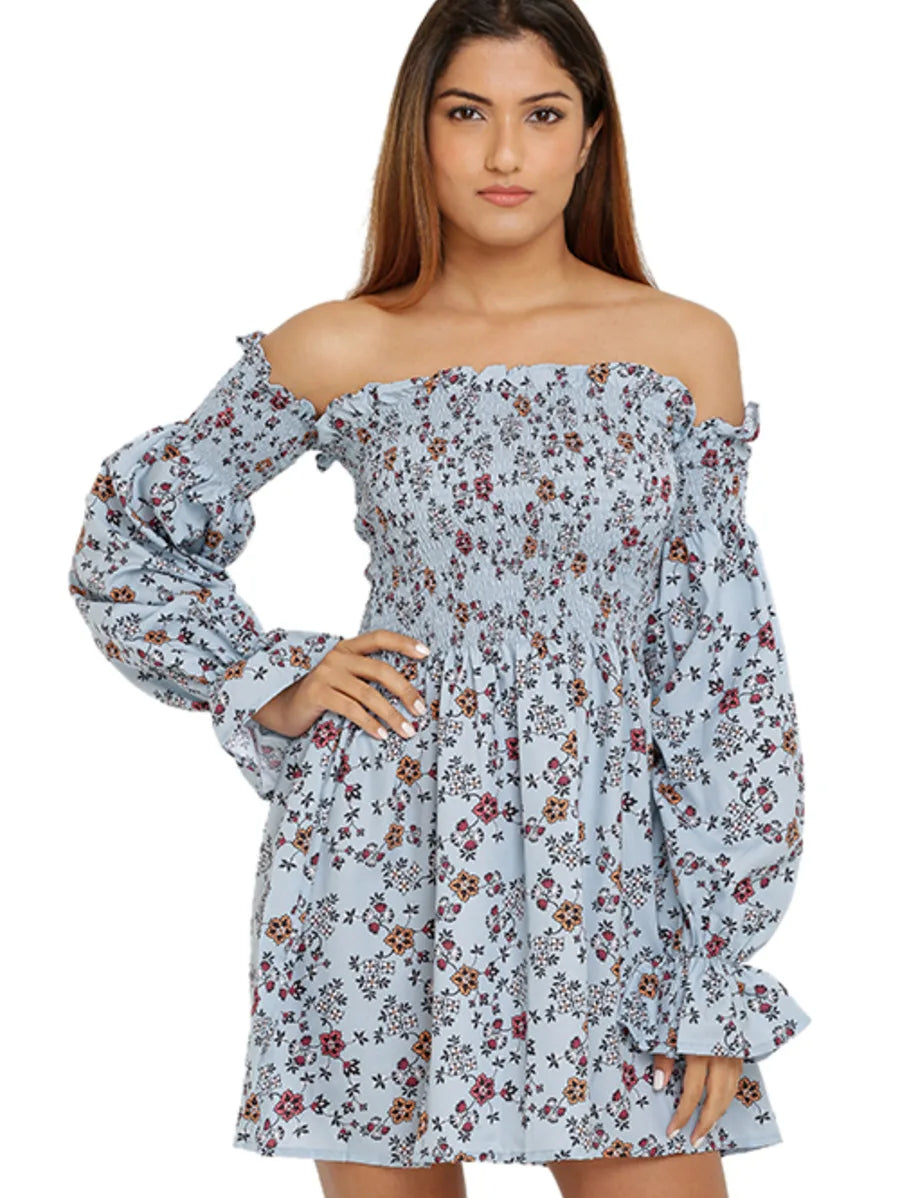 Smoked Floral Off Shoulder Dress Periwinkley Shop