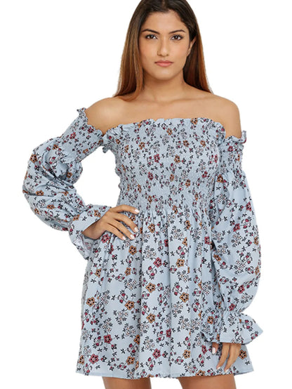 Smoked Floral Off Shoulder Dress Periwinkley Shop