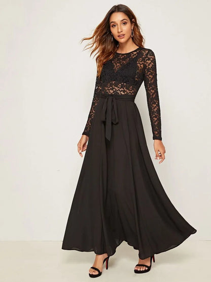 Sheer Lace Bodice Self Belted Flared One Piece Dress Periwinkley Shop