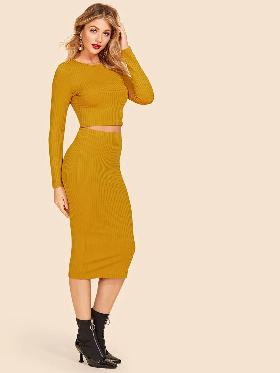 Rib Knit Crop Tee & Pencil Skirt Set Periwinkley Shop