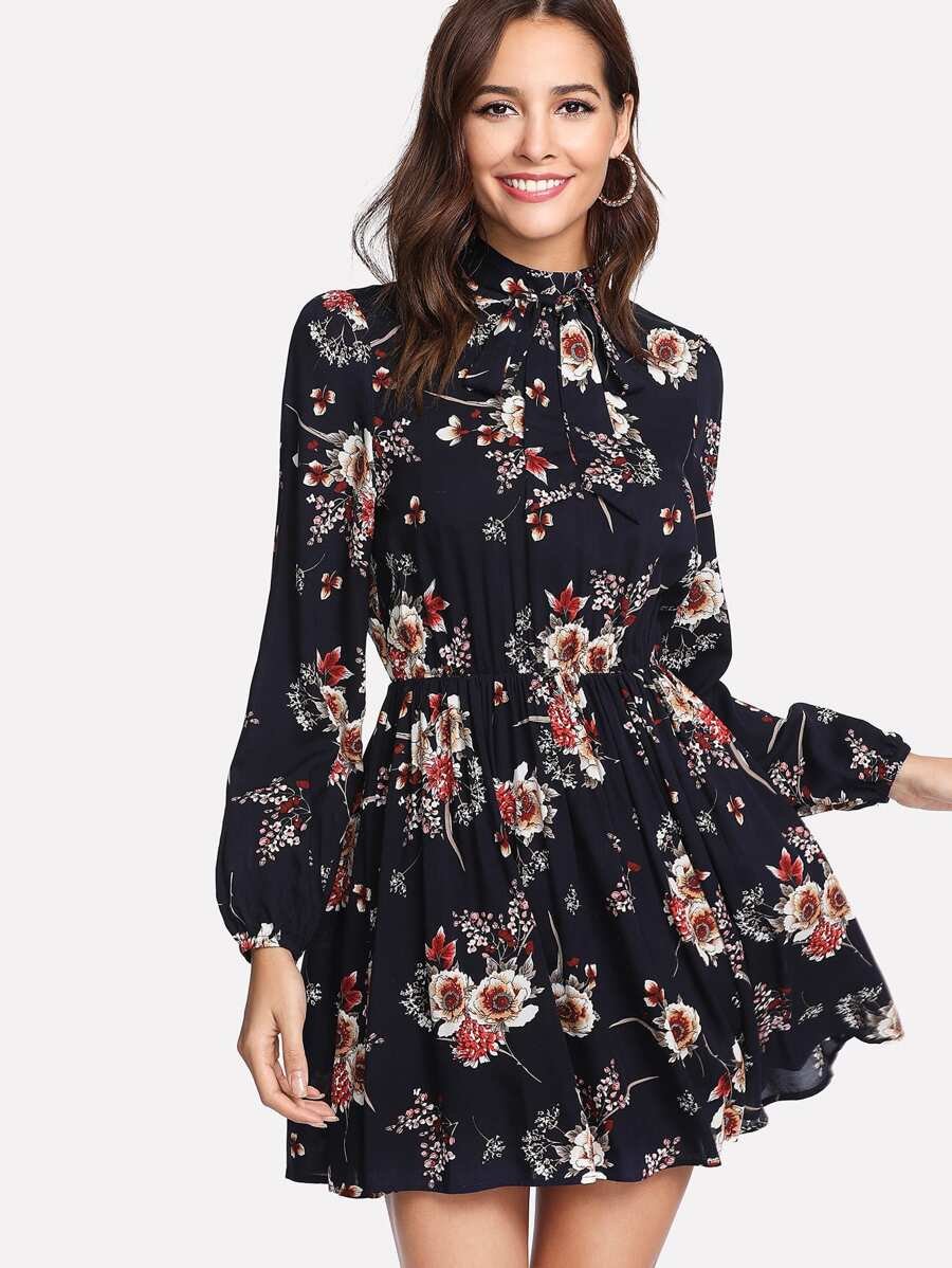 Tie Neck Flower Print Dress Periwinkley Shop