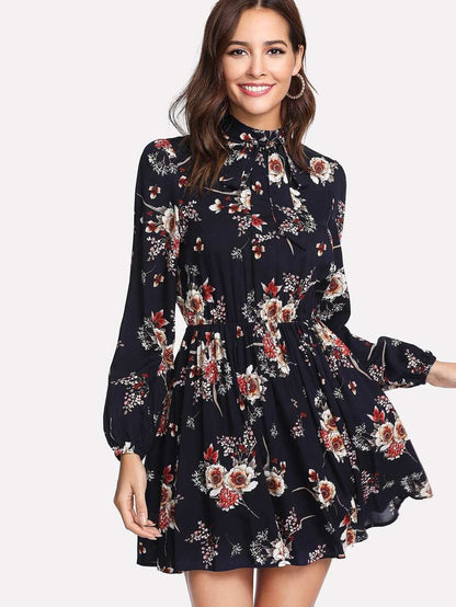 Tie Neck Flower Print Dress Periwinkley Shop