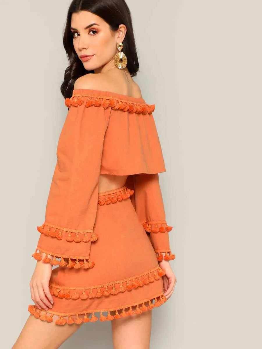 Off Shoulder Tassel Detail Top and Skirt Set Periwinkley Shop