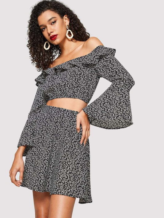 Foldover Front Off Shoulder Botanical Top and Skirt Set Periwinkley Shop