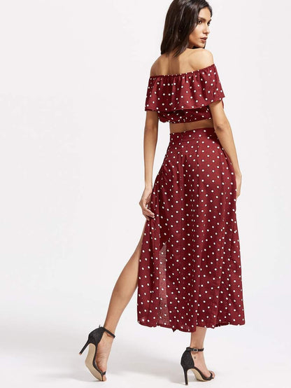 Textured Dot Ruffle Crop Top With split skirt Periwinkley Shop