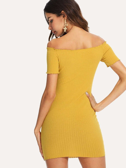 Lettuce Edge Detail Ribbed Bardot Dress Periwinkley Shop