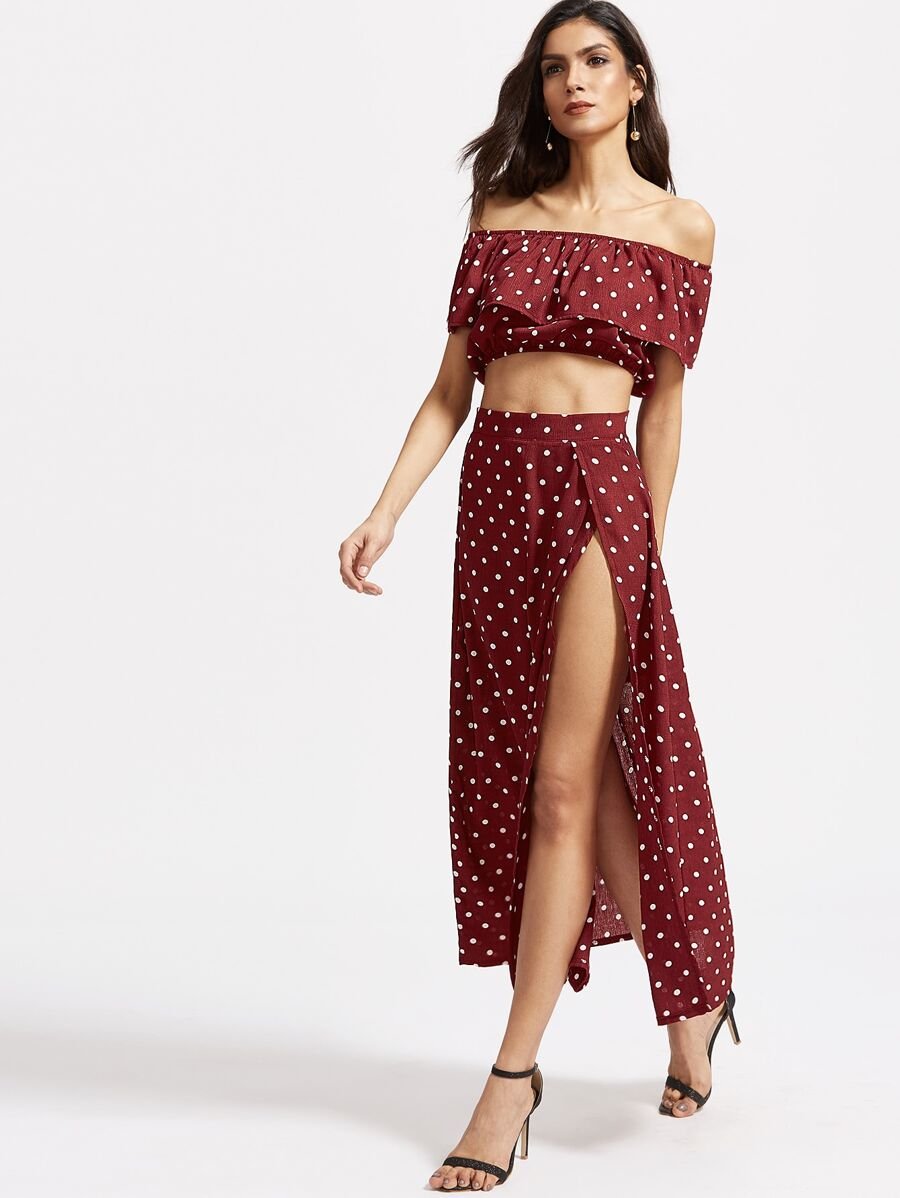 Textured Dot Ruffle Crop Top With split skirt Periwinkley Shop